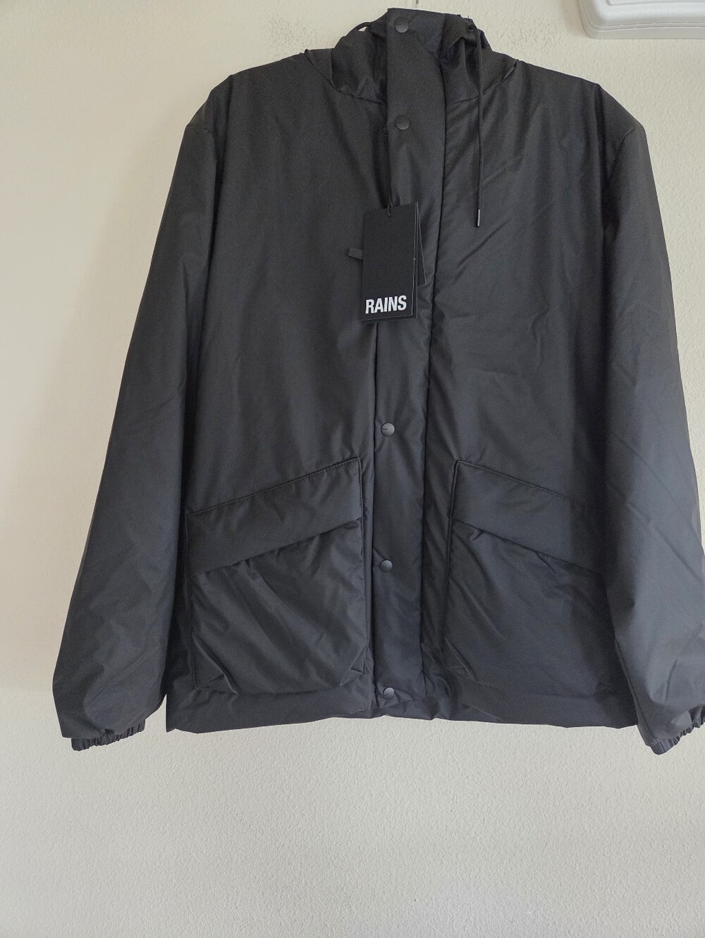 Rains Black Lohja Hooded Insulated Cargo Jacket Size Large NWT $310